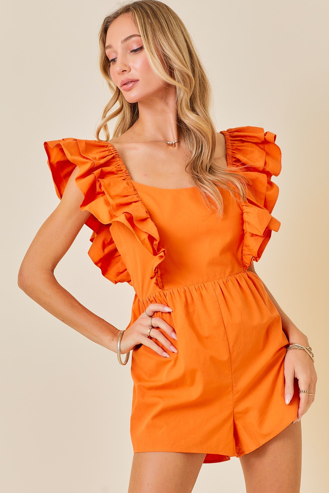 Ruffled Sleeve Orange Romper