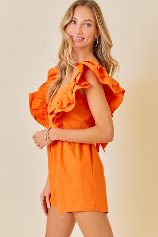 Ruffled Sleeve Orange Romper